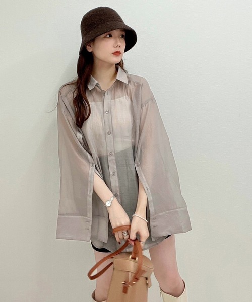 one after another NICE CLAUP（ワンアフターアナザーナイスクラップ）の「アームカバーやレイヤードスタイルも合わせやすい。マルチWAYロングシアーシャツ（シャツ/ブラウス・レディース・グレイッシュベージュ/モカ/アイボリー/ピンクベージュ/ストライプ・FREE）」の13枚目の写真
