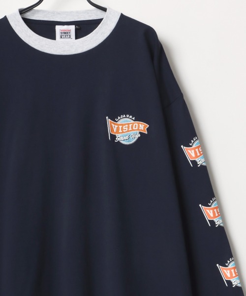 VISION STREET WEAR(ヴィジョンストリートウェア)の「VISION STREET WEAR/ヴィジョンストリートウエア ビッグシルエット ロゴ リブライン バイカラー/リンガー 袖プリント ロングスリーブTシャツ/レディース メンズ ロンT(Tシャツ/カットソー・メンズ・ライトグレー/ブラック/グリーン/ホワイト系その他/ブラック系その他/グレー系その他/ブルー系その他・LL/M/L)」の1枚目の写真