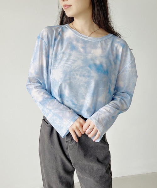 H.Warren(エイチウォーレン)の「ショート丈ニュアンスシアーマーブルカットソー(Tシャツ/カットソー・レディース・ブルー/ブラック/ピンク/グレー・FREE)」の1枚目の写真