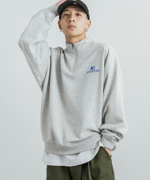 STARTER(スターター)の「STARTER 別注コラボ オーバーサイズ 裏起毛ブランドロゴ刺繍ハーフジップスウェット(スウェット・メンズ・ブラック/グレー/グリーン/グリーン系/杢グレー/ブラック系・M/L/XL)」の4枚目の写真