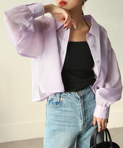 Chillfar（チルファー）の「ストライプシアーショートシャツ（シャツ/ブラウス・レディース・グリーン/ベージュ/パープル/ブルー/グレー・MEDIUM/LARGE）」の5枚目の写真