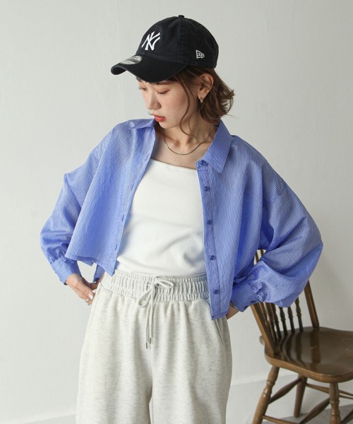 Chillfar（チルファー）の「ストライプシアーショートシャツ（シャツ/ブラウス・レディース・グリーン/ベージュ/パープル/ブルー/グレー・MEDIUM/LARGE）」の4枚目の写真