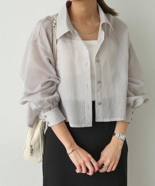 Chillfar（チルファー）の「ストライプシアーショートシャツ（シャツ/ブラウス・レディース・グリーン/ベージュ/パープル/ブルー/グレー・MEDIUM/LARGE）」の6枚目の写真