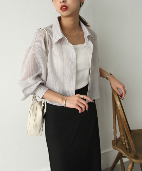 Chillfar（チルファー）の「ストライプシアーショートシャツ（シャツ/ブラウス・レディース・グリーン/ベージュ/パープル/ブルー/グレー・MEDIUM/LARGE）」の8枚目の写真