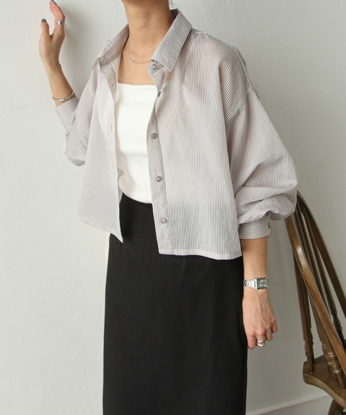 Chillfar（チルファー）の「ストライプシアーショートシャツ（シャツ/ブラウス・レディース・グリーン/ベージュ/パープル/ブルー/グレー・MEDIUM/LARGE）」の7枚目の写真