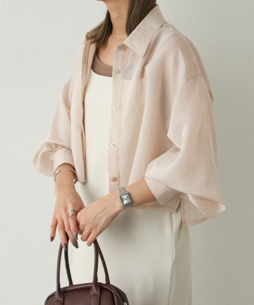 Chillfar（チルファー）の「ストライプシアーショートシャツ（シャツ/ブラウス・レディース・グリーン/ベージュ/パープル/ブルー/グレー・MEDIUM/LARGE）」の14枚目の写真