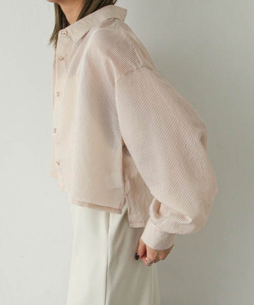 Chillfar（チルファー）の「ストライプシアーショートシャツ（シャツ/ブラウス・レディース・グリーン/ベージュ/パープル/ブルー/グレー・MEDIUM/LARGE）」の15枚目の写真