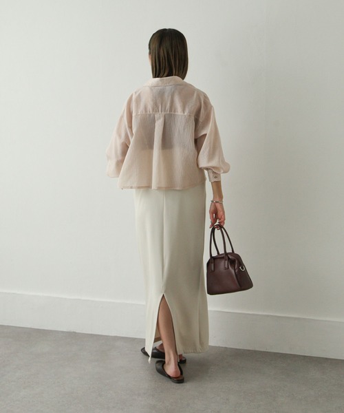 Chillfar（チルファー）の「ストライプシアーショートシャツ（シャツ/ブラウス・レディース・グリーン/ベージュ/パープル/ブルー/グレー・MEDIUM/LARGE）」の20枚目の写真