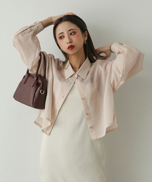 Chillfar（チルファー）の「ストライプシアーショートシャツ（シャツ/ブラウス・レディース・グリーン/ベージュ/パープル/ブルー/グレー・MEDIUM/LARGE）」の19枚目の写真