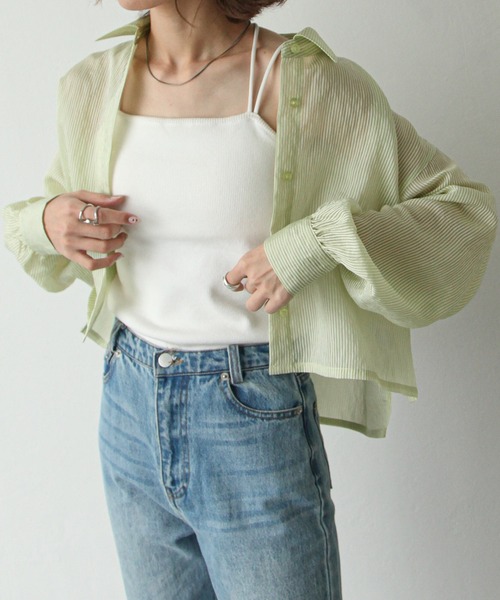 Chillfar（チルファー）の「ストライプシアーショートシャツ（シャツ/ブラウス・レディース・グリーン/ベージュ/パープル/ブルー/グレー・MEDIUM/LARGE）」の21枚目の写真