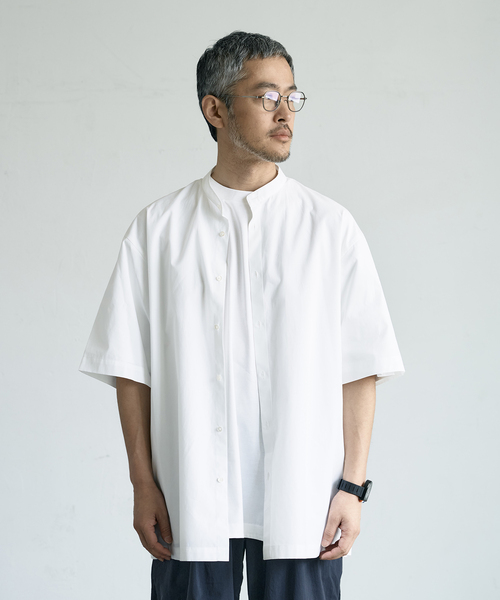ATON スビン コットン バンドカラー 半袖 シャツ　グレー ATON（エイトン）の「【ATON / エイトン】別注 スビン コットン