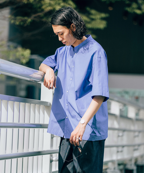 ATON スビン コットン バンドカラー 半袖 シャツ　グレー ATON（エイトン）の「【ATON / エイトン】別注 スビン コットン