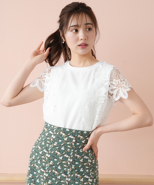 ASTORIA ODIER(アストリアオディール)の「ミラノリブ袖レースプルオーバー(Tシャツ/カットソー・レディース・ホワイト/ブラック/グリーン/グレイッシュベージュ/ラベンダー・MEDIUM)」の2枚目の写真