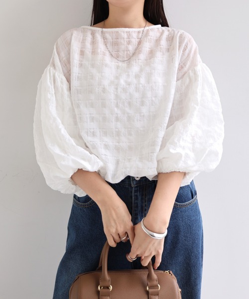 andme(アンドミー)の「シアーチェックボリュームスリーブブラウス(シャツ/ブラウス・レディース・ブラック/ネイビー/オフホワイト/イエロー・M/L)」の6枚目の写真