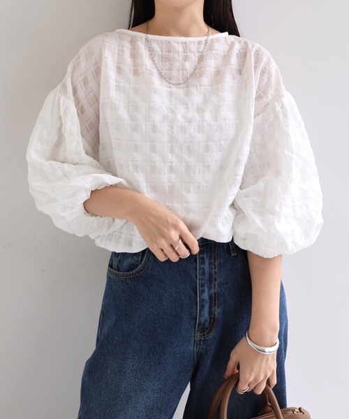 andme(アンドミー)の「シアーチェックボリュームスリーブブラウス(シャツ/ブラウス・レディース・ブラック/ネイビー/オフホワイト/イエロー・M/L)」の5枚目の写真