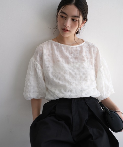 andme（アンドミー）の「シアーチェックボリュームスリーブブラウス（シャツ/ブラウス・レディース・ブラック/ネイビー/オフホワイト/イエロー・M/L）」の13枚目の写真