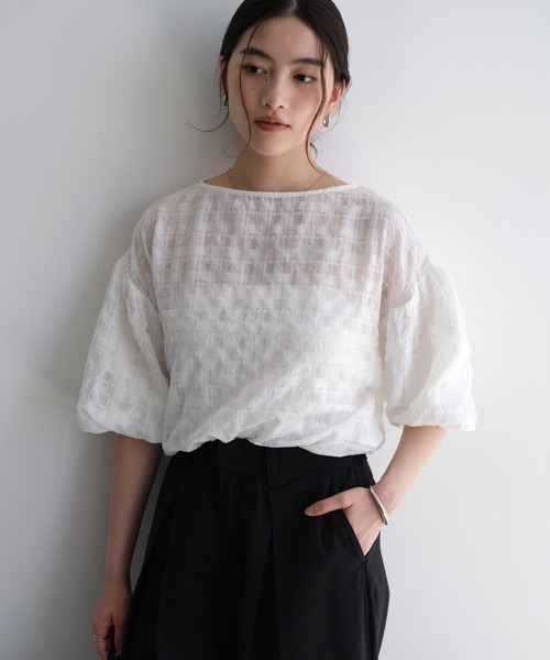 andme（アンドミー）の「シアーチェックボリュームスリーブブラウス（シャツ/ブラウス・レディース・ブラック/ネイビー/オフホワイト/イエロー・M/L）」の17枚目の写真