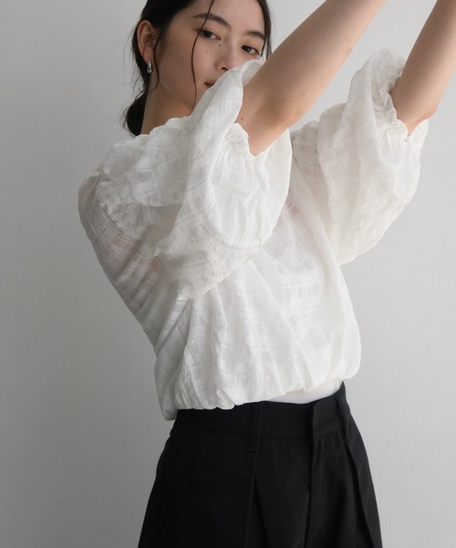 andme（アンドミー）の「シアーチェックボリュームスリーブブラウス（シャツ/ブラウス・レディース・ブラック/ネイビー/オフホワイト/イエロー・M/L）」の18枚目の写真