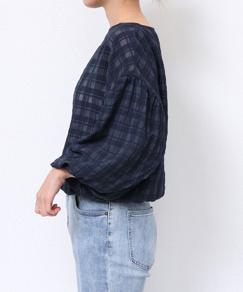 andme（アンドミー）の「シアーチェックボリュームスリーブブラウス（シャツ/ブラウス・レディース・ブラック/ネイビー/オフホワイト/イエロー・M/L）」の9枚目の写真