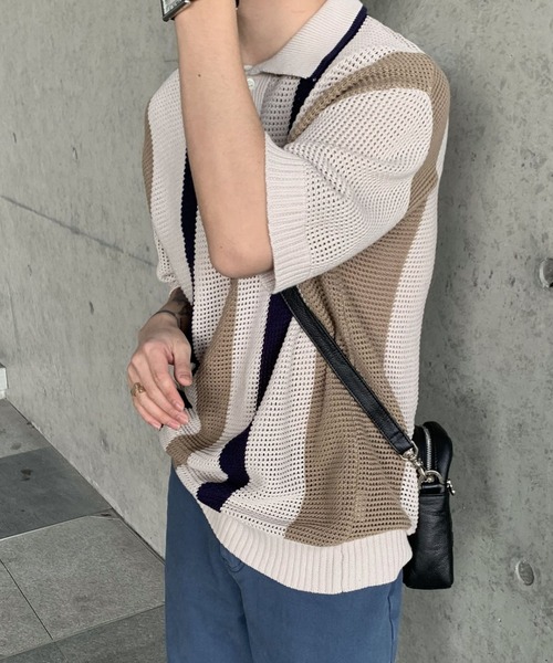 MGV(エムジーヴィー)の「レトロルーズニットポロシャツ(ポロシャツ・メンズ・ブルー/ベージュ・X-LARGE/MEDIUM/LARGE)」の1枚目の写真