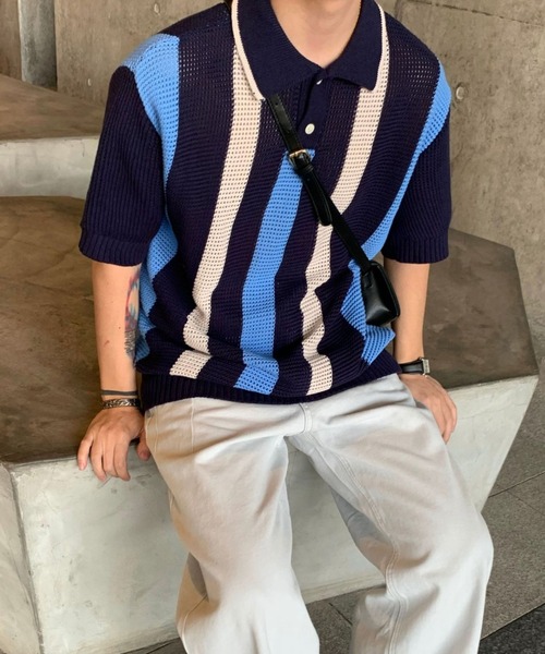 MGV(エムジーヴィー)の「レトロルーズニットポロシャツ(ポロシャツ・メンズ・ブルー/ベージュ・X-LARGE/MEDIUM/LARGE)」の4枚目の写真