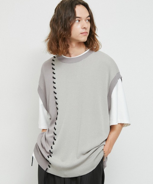 JUNRED（ジュンレッド）の「2トーンカラーハンドステッチベスト（ベスト・メンズ・ライトグレー/グリーン/ブラック・S/M/L）」の3枚目の写真