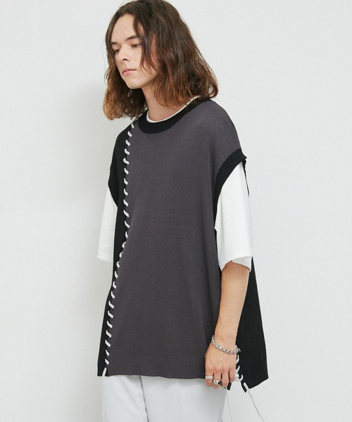 JUNRED（ジュンレッド）の「2トーンカラーハンドステッチベスト（ベスト・メンズ・ライトグレー/グリーン/ブラック・S/M/L）」の11枚目の写真