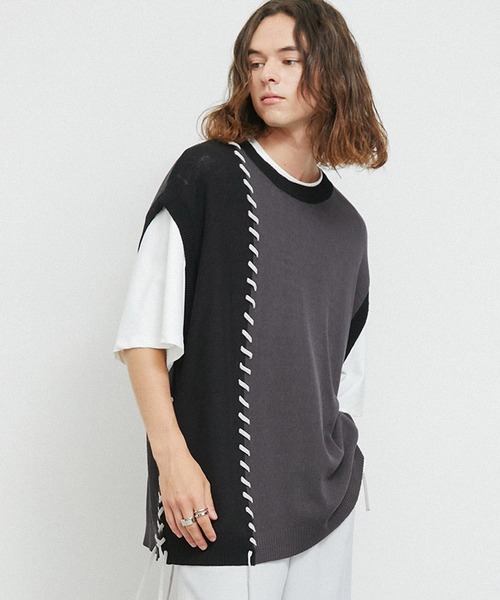 JUNRED（ジュンレッド）の「2トーンカラーハンドステッチベスト（ベスト・メンズ・ライトグレー/グリーン/ブラック・S/M/L）」の12枚目の写真