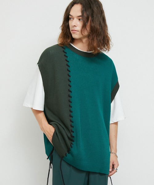 JUNRED（ジュンレッド）の「2トーンカラーハンドステッチベスト（ベスト・メンズ・ライトグレー/グリーン/ブラック・S/M/L）」の16枚目の写真