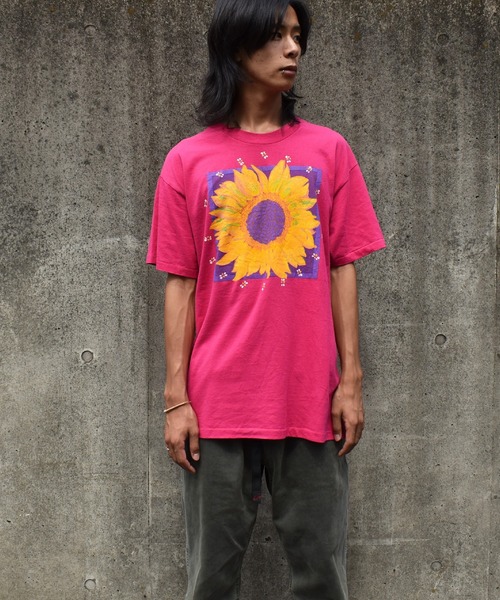 ひまわり　総柄半袖カットソー　90sビンテージ　Lサイズ 90s USA製 ひまわり アート イラスト プリント Tシャツ メンズ XL 古着