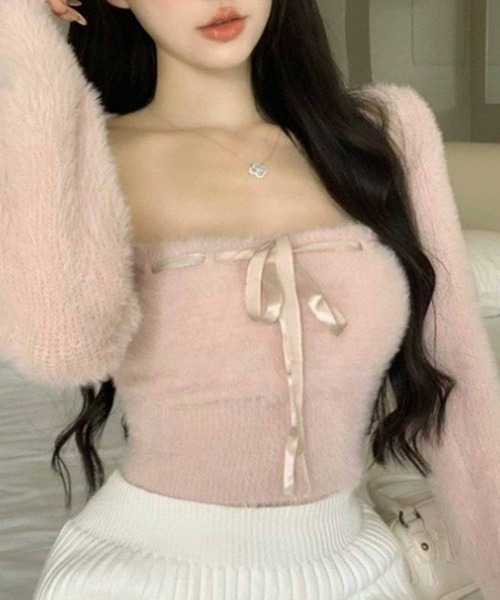 NANEA(ナネア)の「アンサンブル クロップド丈フロントリボンシャギーニットトップス(ニット/セーター・レディース・グレー/ベージュ/ブラック/ホワイト/ピンク/ネイビー/ライトベージュ・フリー)」の7枚目の写真