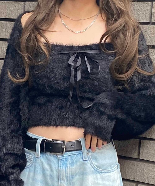 NANEA(ナネア)の「アンサンブル クロップド丈フロントリボンシャギーニットトップス(ニット/セーター・レディース・グレー/ベージュ/ブラック/ホワイト/ピンク/ネイビー/ライトベージュ・フリー)」の13枚目の写真