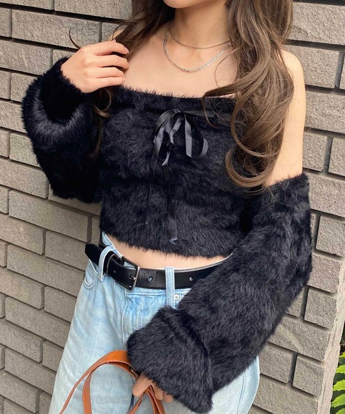NANEA(ナネア)の「アンサンブル クロップド丈フロントリボンシャギーニットトップス(ニット/セーター・レディース・グレー/ベージュ/ブラック/ホワイト/ピンク/ネイビー/ライトベージュ・フリー)」の14枚目の写真