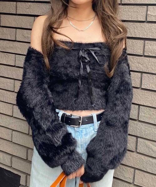 NANEA(ナネア)の「アンサンブル クロップド丈フロントリボンシャギーニットトップス(ニット/セーター・レディース・グレー/ベージュ/ブラック/ホワイト/ピンク/ネイビー/ライトベージュ・フリー)」の15枚目の写真