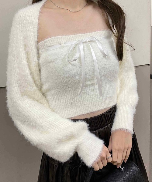 セール】アンサンブル クロップド丈フロントリボンシャギーニット