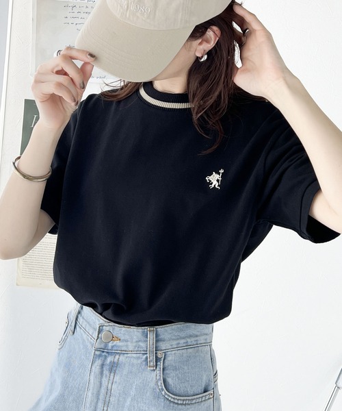 classicalelf(クラシカルエルフ)の「レトロ配色が可愛い。綿100%、編立リブワンポイント刺繍鹿の子Tシャツ(Tシャツ/カットソー・レディース・ネイビー/ブルー/オフホワイト/ブラック/グレイッシュベージュ・LARGE/MEDIUM/SMALL/X-LARGE)」の7枚目の写真