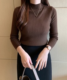 韓国リブニットトップス ハイネック 長袖