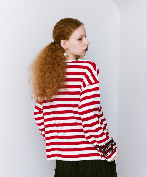 manana suerte(マニャーナスエルテ)の「レースプリントボーダーロングスリーブTシャツ(Tシャツ/カットソー・レディース・ブラック/レッド・FREE)」の11枚目の写真