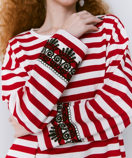 manana suerte(マニャーナスエルテ)の「レースプリントボーダーロングスリーブTシャツ(Tシャツ/カットソー・レディース・ブラック/レッド・FREE)」の13枚目の写真