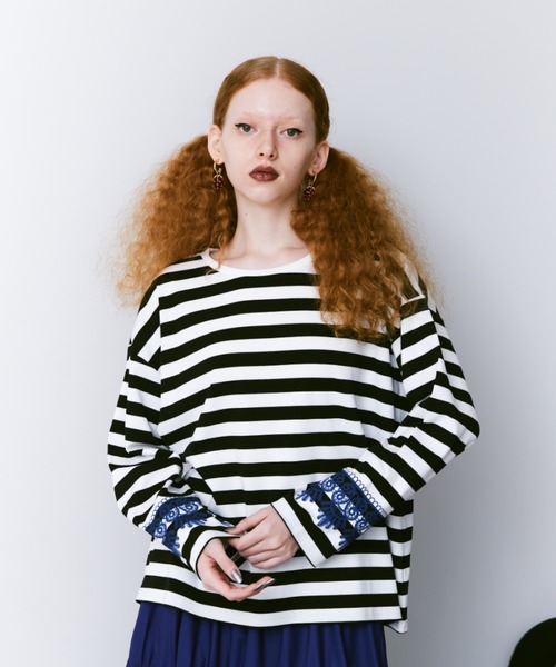 manana suerte(マニャーナスエルテ)の「レースプリントボーダーロングスリーブTシャツ(Tシャツ/カットソー・レディース・ブラック/レッド・FREE)」の18枚目の写真