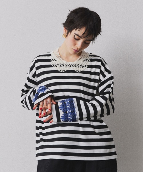 レースプリントボーダーロングスリーブTシャツ（Tシャツ