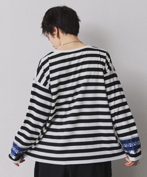 レースプリントボーダーロングスリーブTシャツ（Tシャツ