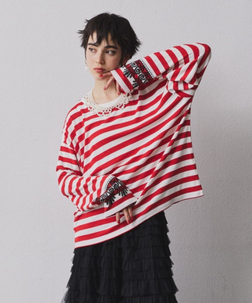 レースプリントボーダーロングスリーブTシャツ（Tシャツ/カットソー