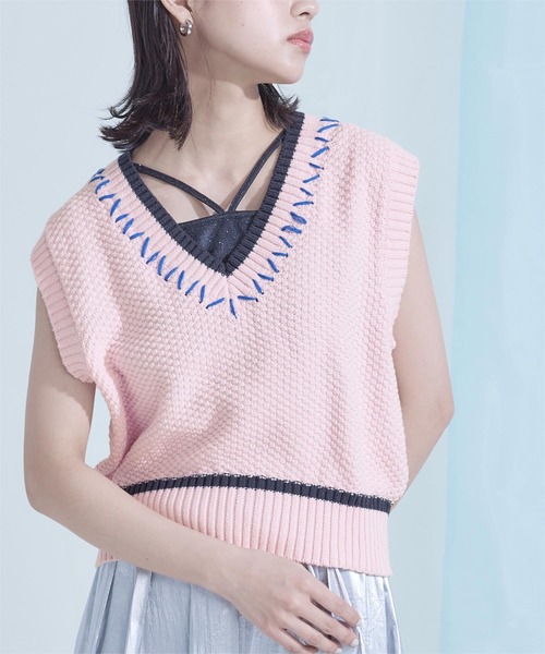配色ステッチVネックベスト（ベスト）｜miette（ミエット）の