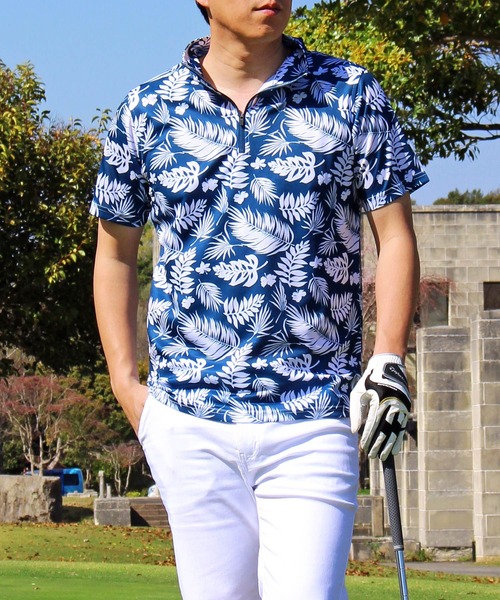 セール】ゴルフウェア 総柄 ドライメッシュ ハーフジップ 半袖