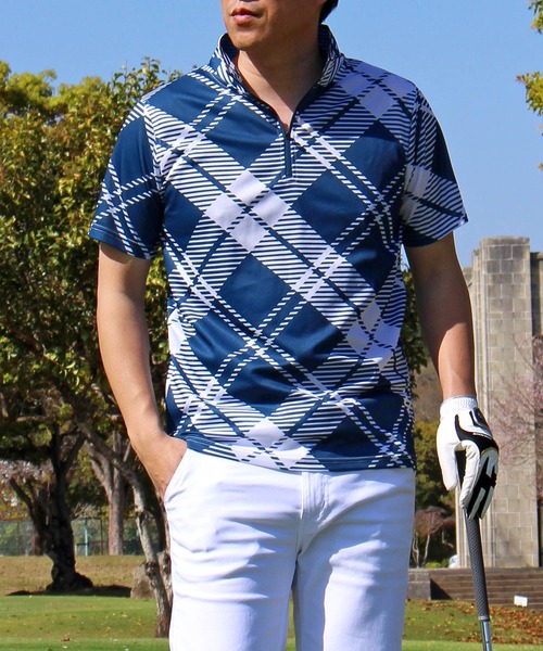 セール】ゴルフウェア 総柄 ドライメッシュ ハーフジップ 半袖