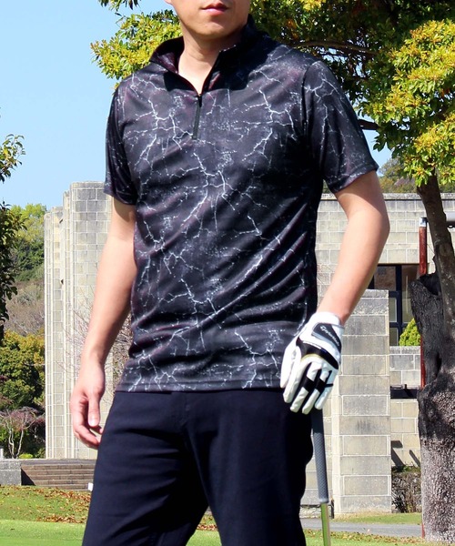 セール】ゴルフウェア 総柄 ドライメッシュ ハーフジップ 半袖