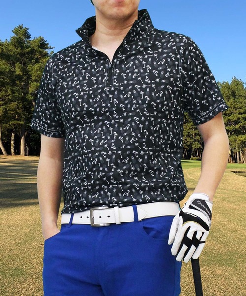 セール】ゴルフウェア 総柄 ドライメッシュ ハーフジップ 半袖