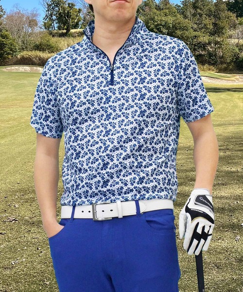 セール】ゴルフウェア 総柄 ドライメッシュ ハーフジップ 半袖