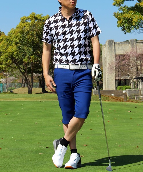 セール】ゴルフウェア 総柄 ドライメッシュ ハーフジップ 半袖